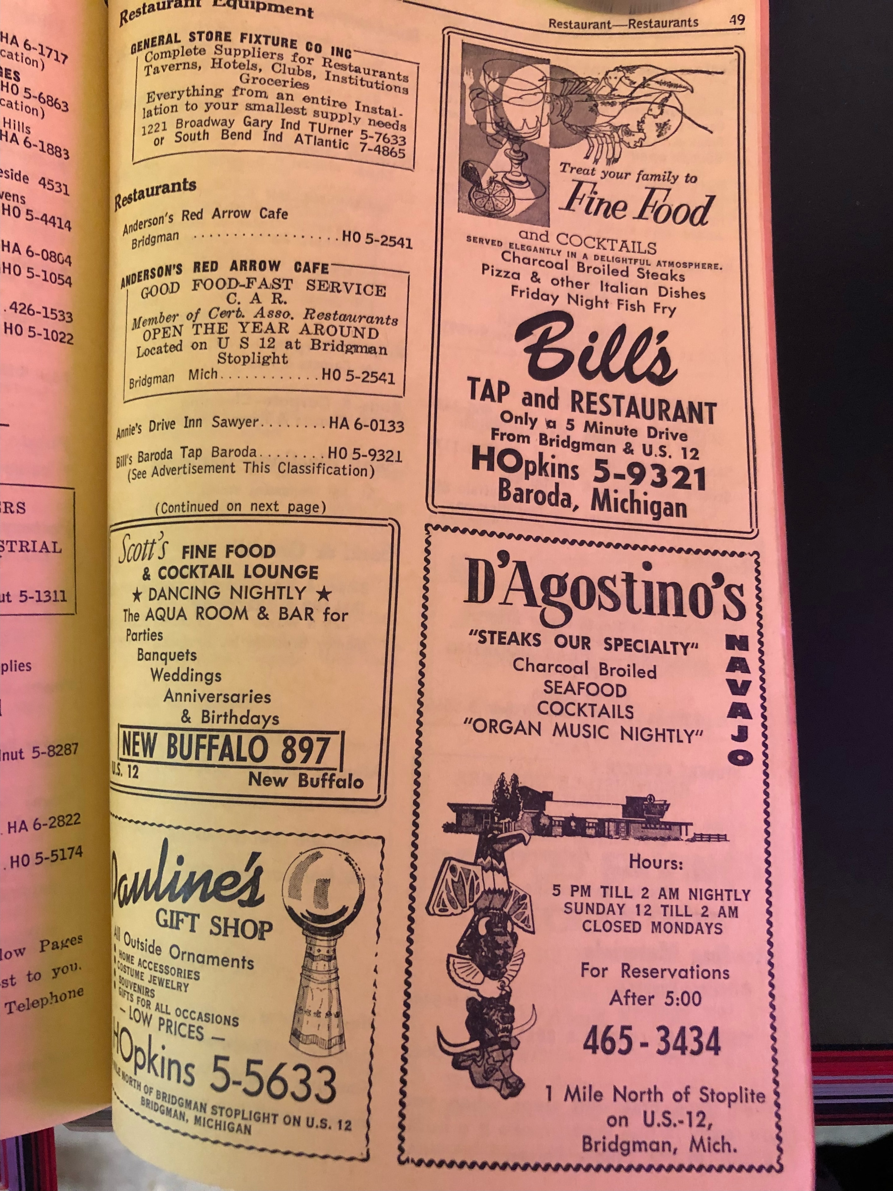 Original D'Agostino's Navajo telephone directory advertisement — Steaks Our Specialty, phone 465-3434, 1 mile north of stoplight on U.S.-12, Bridgman, Michigan