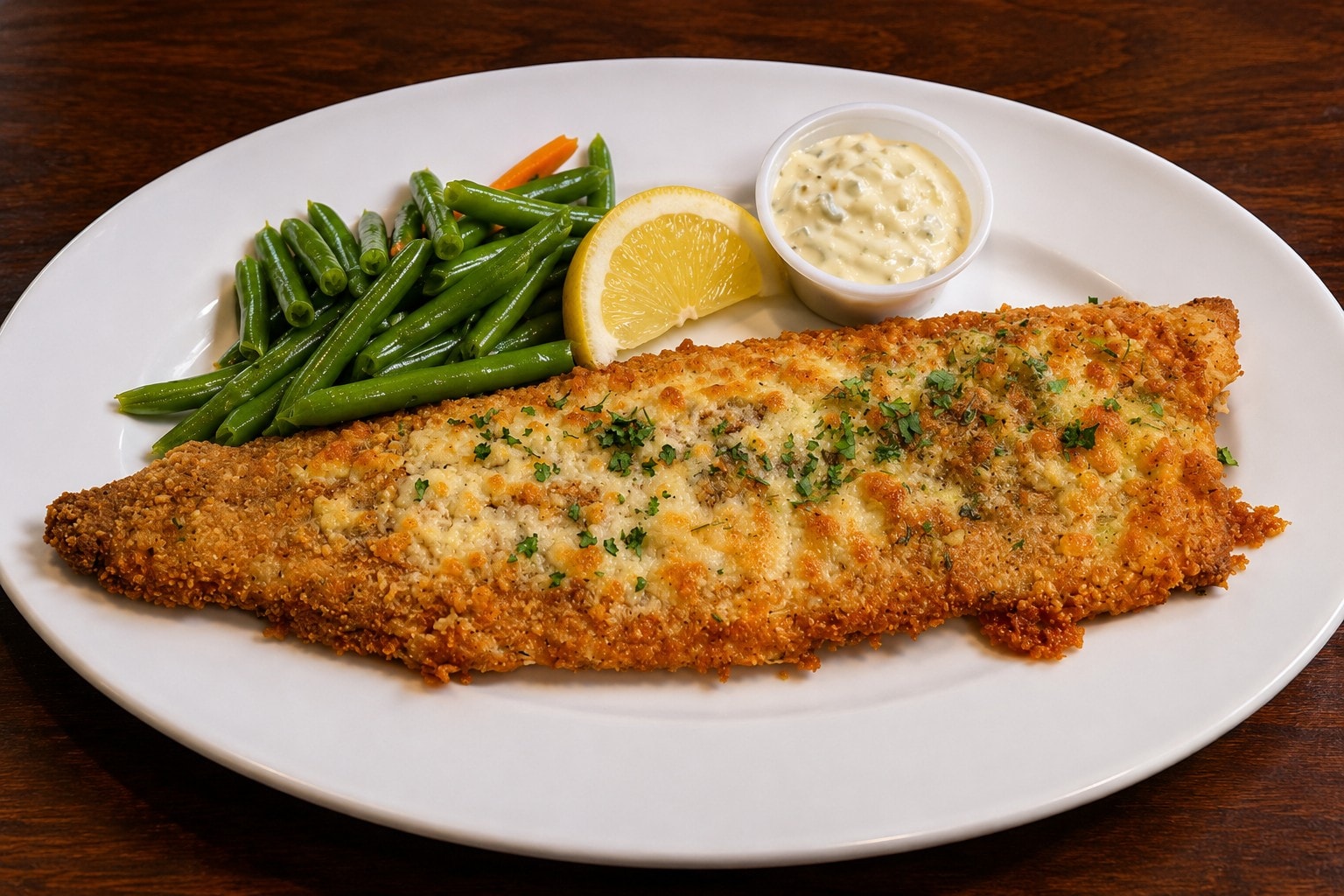 Parmesan Encrusted Great Lakes Whitefish plated with green beans and lemon at D'Agostino's Navajo Bar & Grille, Bridgman, Michigan