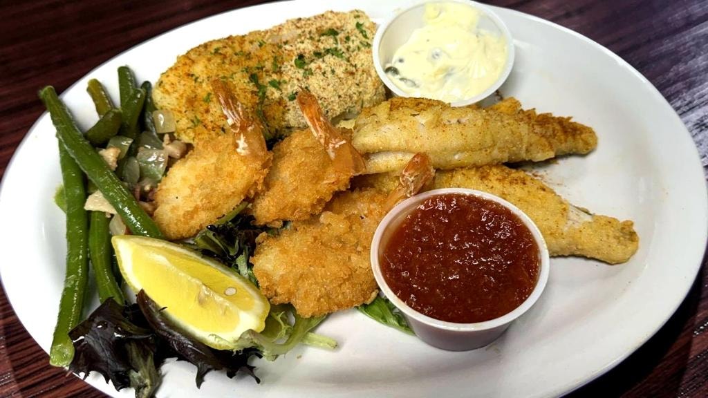 Fisherman's Catch — hand-breaded fried shrimp and whitefish plate at D'Agostino's Navajo Bar & Grille, Bridgman, Michigan