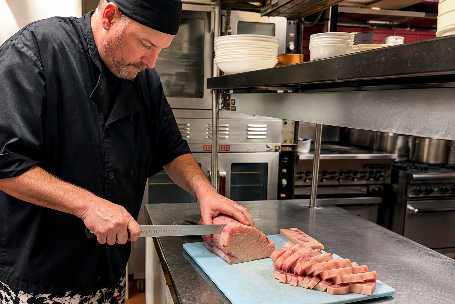 Chef slicing fresh swordfish on a cutting board at D'Agostino's Navajo Bar & Grille — prepared fresh daily in Bridgman, Michigan