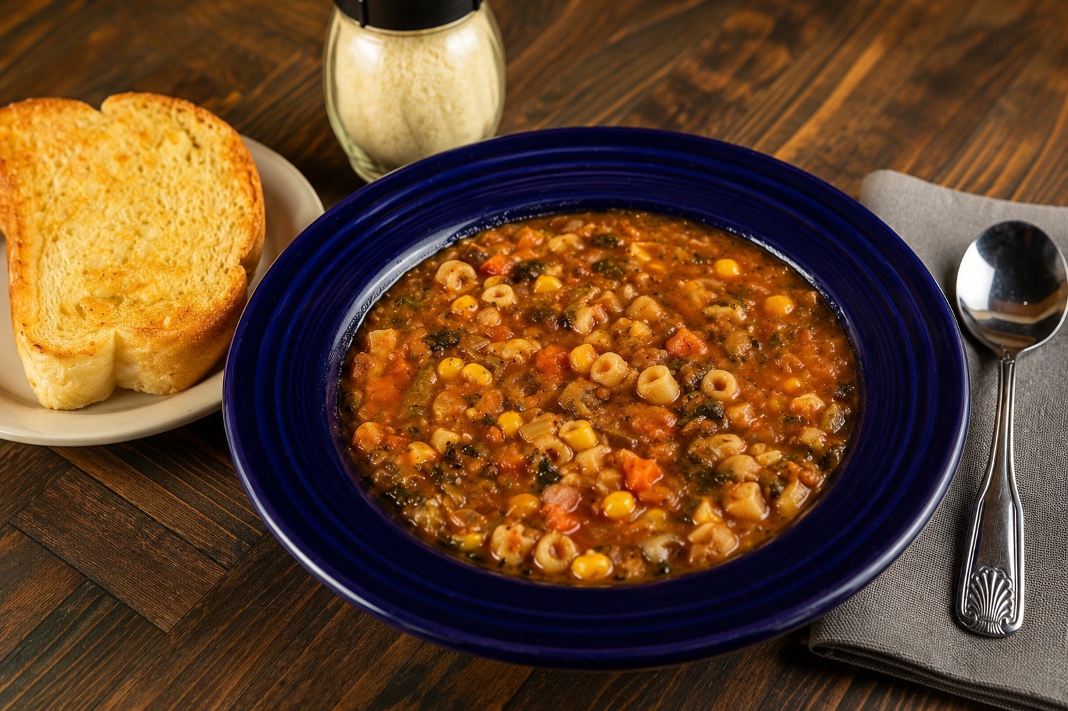 Minestrone soup with garlic bread and Parmesan shaker at D'Agostino's Navajo Bar & Grille, Bridgman, Michigan