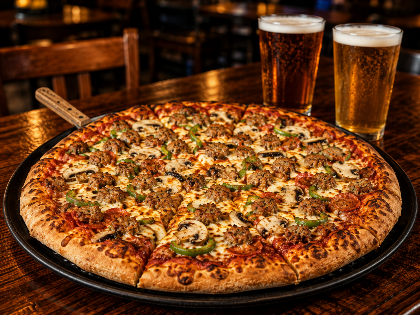 Classic Combo pizza — Italian sausage, green peppers, and mushrooms