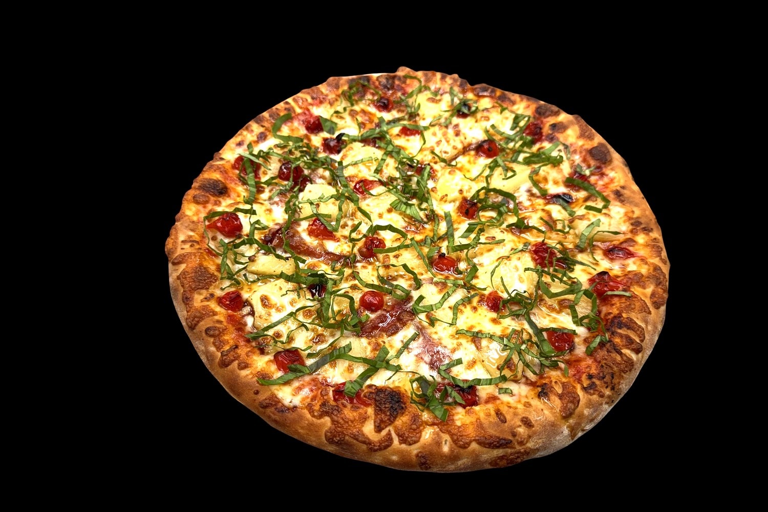 Spicy Hawaiian pizza — capicola, ham, pineapple, Sweet Drop Peppadew peppers, and hot honey
