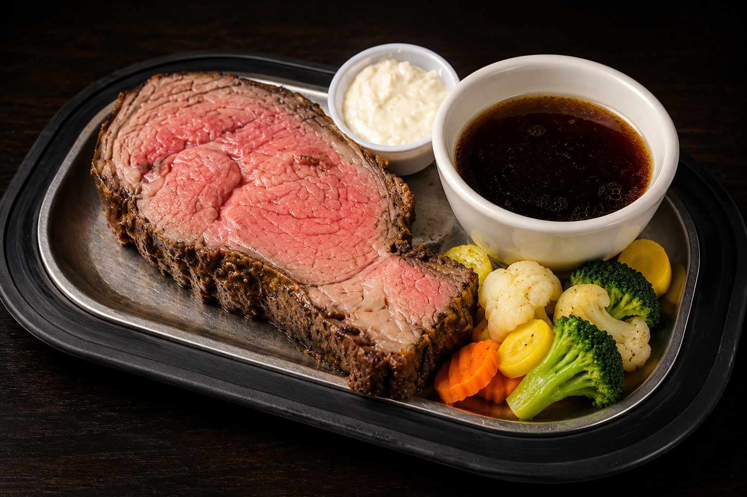 28-day aged prime rib with au jus, horseradish, and vegetables at D'Agostino's Navajo Bar & Grille, Bridgman, Michigan